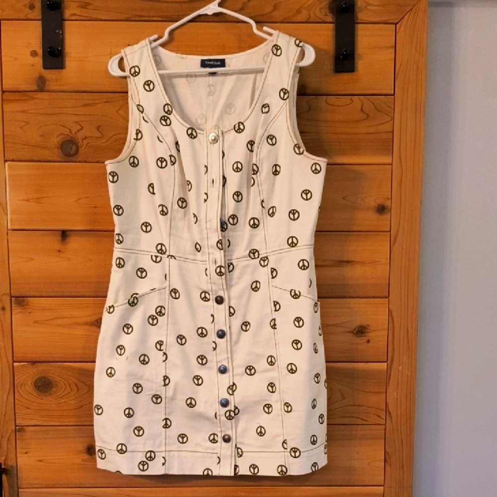 Cream Denim Modcloth Peace Sign Dress With Pockets